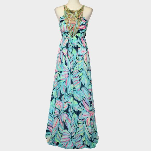 LILLY PULITZER Lannette High Tide Dancing Lady Maxi Halter Dress Size 10 - Picture 2 of 11